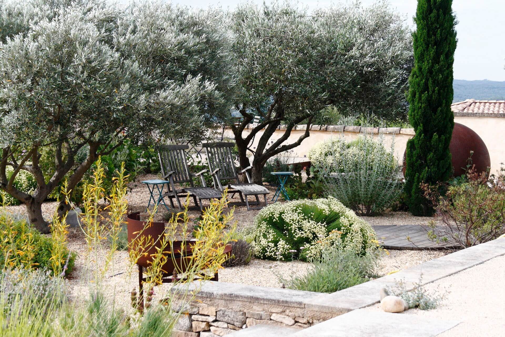 Sous les oliviers chaises longues, BQQ en métal brut, terrasse bois, jardin sur gravier, jardin sec, muret en pierre taillée.